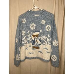 1990s Mandal Bay Blue Winter Christmas Snowflakes Bear Scenic Kawaii Sweater XL